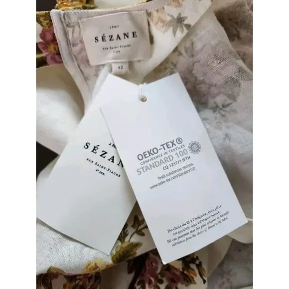 Nwt Sézane Jiana Ella Floral Linen Blend Puff Sleeves Open Back Midi Dress US 10 - Picture 7 of 12